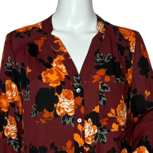 ModCloth Popover Blouse Red Orange Floral Long Sleeve Half Button - Picture 4 of 6